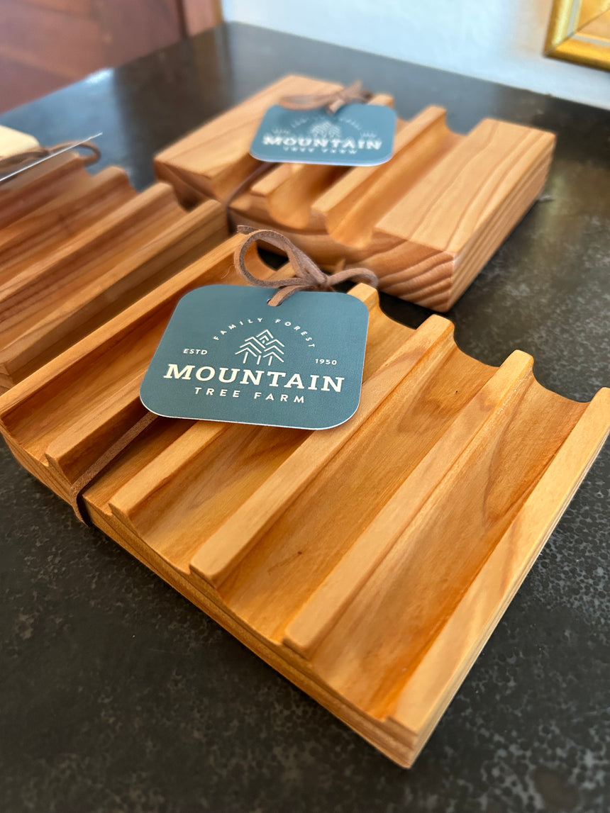 Handmade western red cedar soap rest (or shampoo bar rest, dish soap bar rest) from Mountain Tree Farm